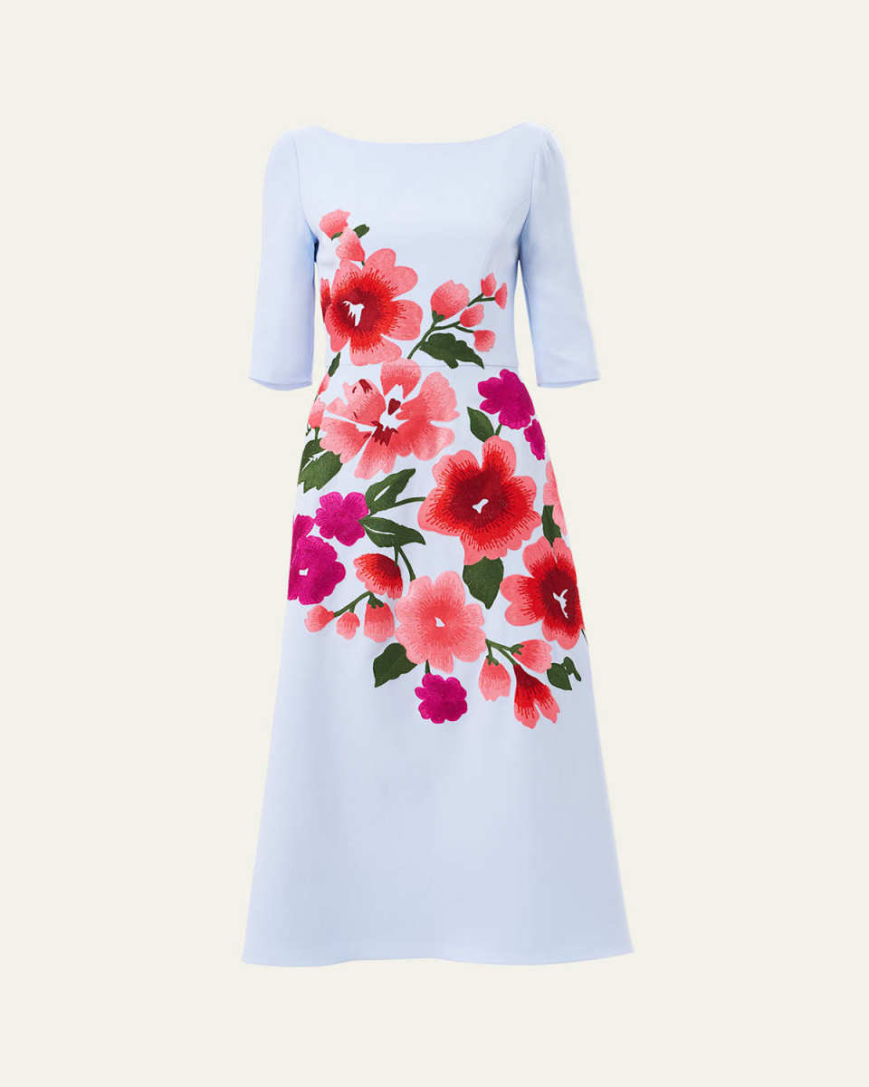 Floral Embroidered 3/4-Sleeve Midi Dress